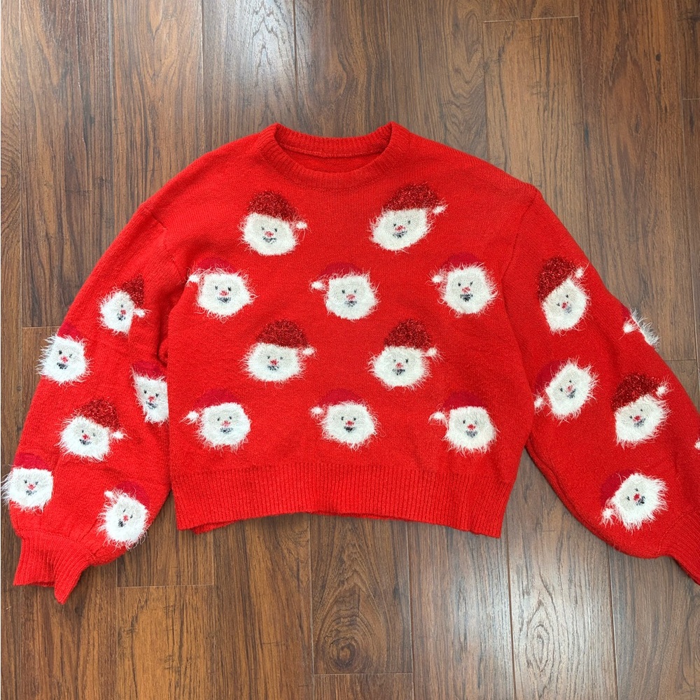 Red and White Crew Neck Sweater with Snowman Pattern